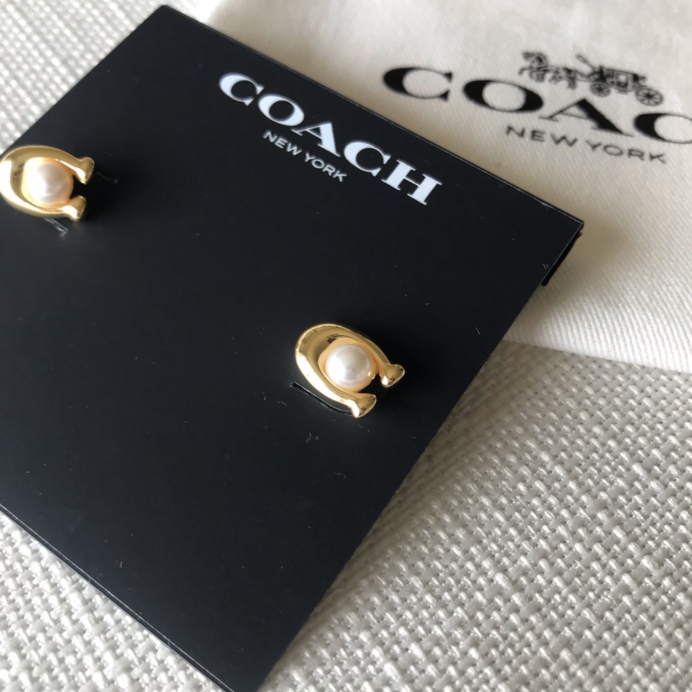 Coach Faux Pearl Gold C Stud Earrings, NWT - Picture 5 of 14